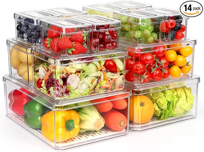 14Pack Fridge Organizer, Stackable Refrigerator Organizer Bins with Lids | BPA-Free Clear Plastic Storage Containers For Kitchen Cabinets, Fridge, Drinks, Fruits, Vegetables, Cereals, Counter Storage by YKIOKE
