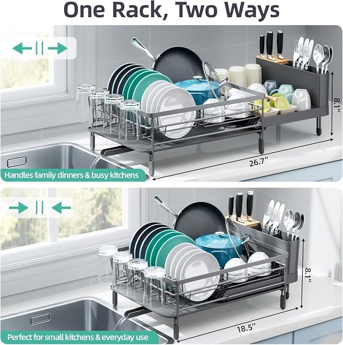 Urackify Extendable Dish Drying Rack, 18.5"-26.7" L x 12.7" W, Gray | Multifunctional large dish rack with cup holder and built-in cutlery holder for versatile drying needs - Image 2