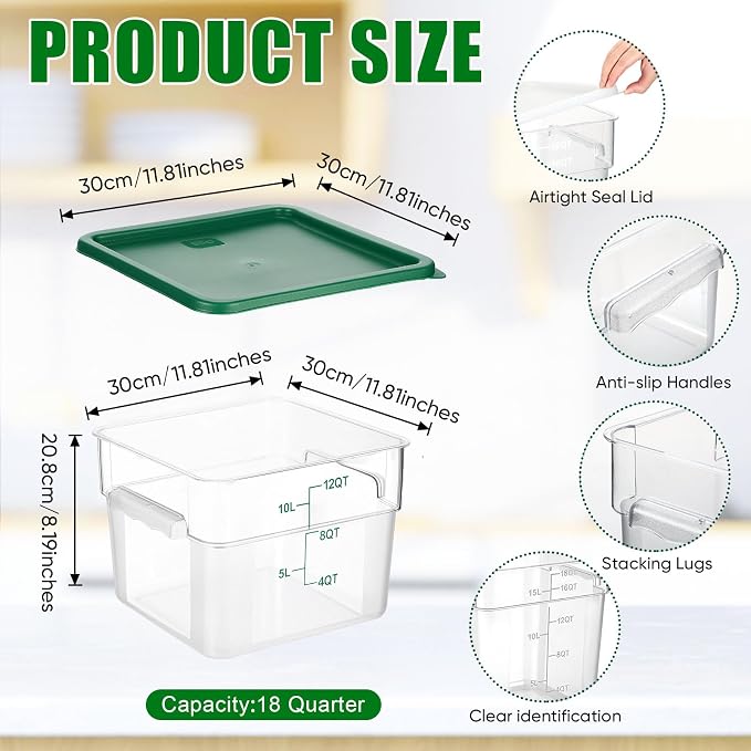FoldTier 2 Pieces Square Food Storage Containers Polycarbonate Clear food Container with Lid Commercial Storage with Graduations for Commercial Kitchen Dough Marinating Meat(Green, Red,12 Qt) - Image 2
