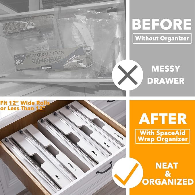SpaceAid WrapNeat 3 in 1 Wrap Organizer with Cutter and Labels, Plastic Wrap, Aluminum Foil and Wax Bamboo Dispenser for Kitchen Storage Organization Holder for 12" Roll (White) - Image 2