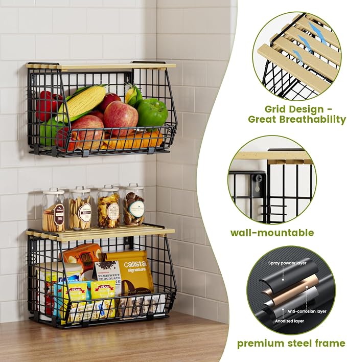 Hanging Fruit Basket for Kitchen, 3 Pack Vegetable Produce Basket | Wall Mounted & Countertop Wire Storage Basket for Potato Onion Fruits Vegetables, Pantry Organizers Storage - Image 4