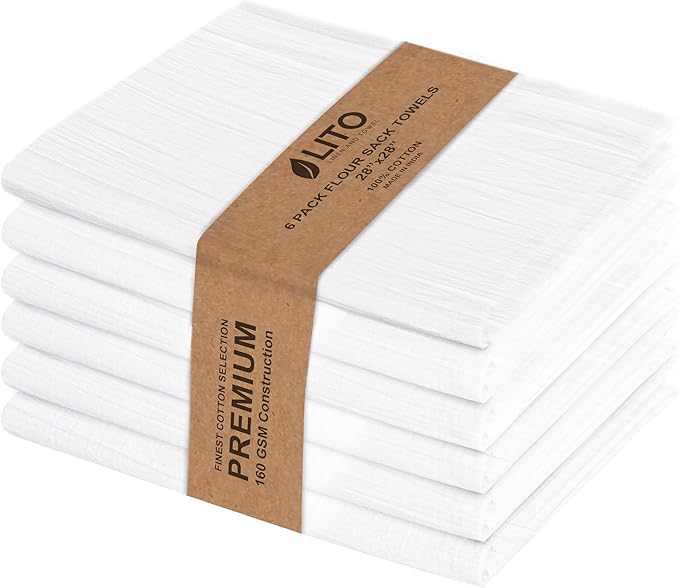 LITO LINEN AND TOWEL Flour Sack Towels – 100% Cotton, 28x28 Inches, Highly Absorbent, Embroidery-Ready Tea Towels for Kitchen & Crafts, Farmhouse Decor, Pack of 6 White by LITOLinenandTowel