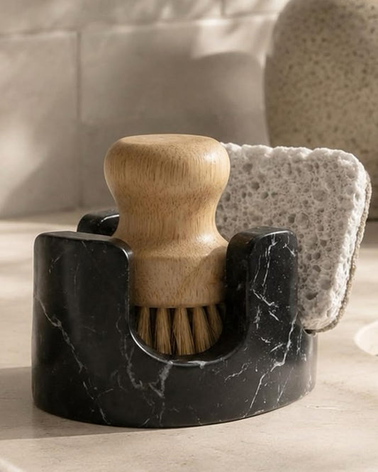 Black Marble Sponge Holder for Kitchen Sink, Dual Slot Stone Caddy, Nero Marquina | 2-in-1 Natural Marble Sponge & Brush Holder, Raised Edge Helps Catch Water, Keeps Countertop Dry, Luxury Kitchen Decor by Unknown