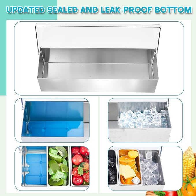 Boao 6 Slot Ice Chilled Stainless Steel Condiment Caddy with 4 Ice Packs, 20oz Compartment Garnish Tray, Toppings Containers with Lids for Summer Bar BBQ Picnic Sauce Fruit Party Food Station - Image 2