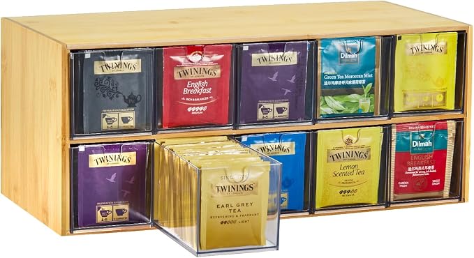 TIMIEEYA Tea Bag Organizer - Bamboo Tea Storage Organizer With Drawer 2 Layer, Tea Organizer for Tea Bags Natural Wood & Acrylic for Countertop Office Kitchen Cabinet Pantry by TIMIEEYA