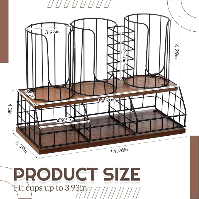 18oz Adjustable Coffee Cup Dispenser with Wooden Base, Cup and Lid Holder, Cups Holder Organizer for Coffee Pod Straw and Lid Storage(4-compartment Double,Color 1) - Image 2