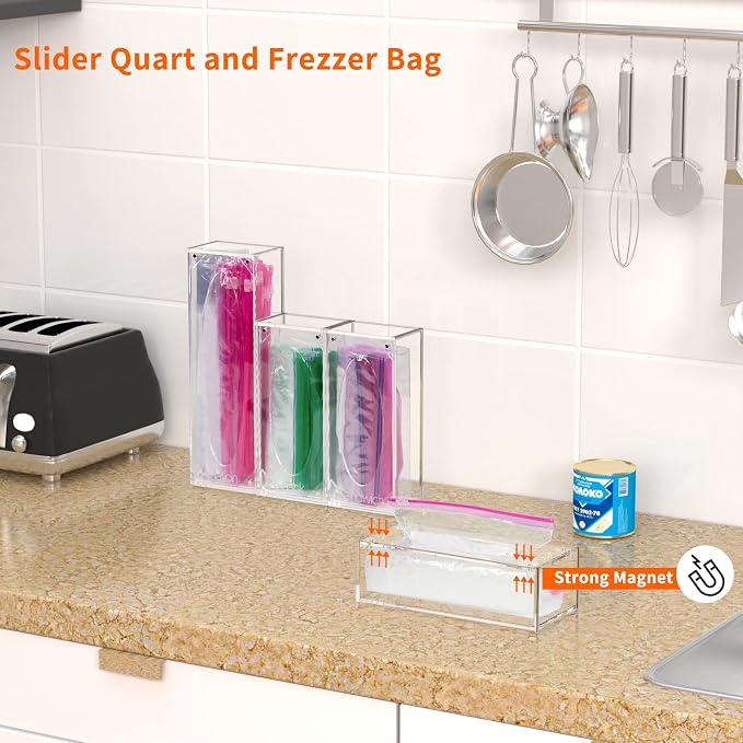 FEMELI Food Bag Storage Organizer Acrylic Kitchen Drawer Baggie Box Clear | 4 Separate Pack Compatible with Gallon, Slider Quart, Freezer, Sandwich, Snack, Variety Size Bags - Image 6