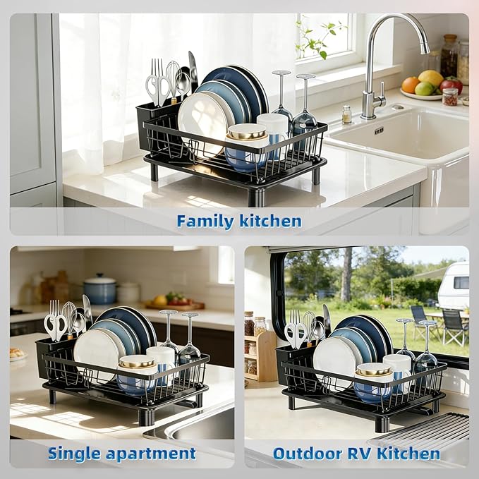 Dish Drying Rack for Kitchen Counter,Stainless Steel,Black | Space Saving,New Drain Outlet,Rotating Spout & Angled Drainboard for Quick Drainage,Removable Utensil Holder - Image 4