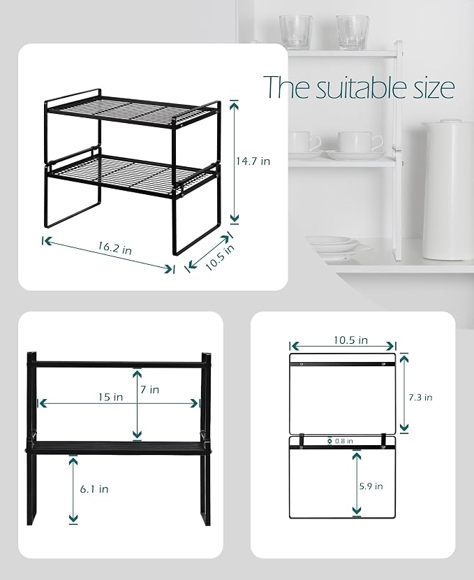 Shantton Cabinet Shelf Organizer, Pantry Shelf Rack, Black 16.1x10.6x7.3 | 2-Pack Stackable Metal Riser Holds 40LBS with Non-Slip Feet for Kitchen Pantry Bathroom Countertop Freezer Cupboard - Image 3