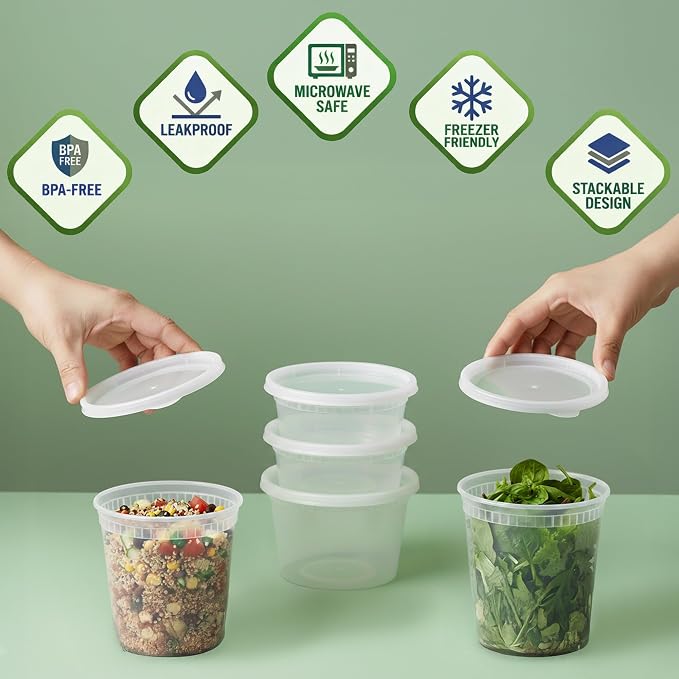 120 Sets Plastic Deli Containers with Lids - 8oz, 16oz Pint & 32oz Quart | Leak Proof, Microwaveable, Dishwasher & Freezer Safe - Plastic Food Storage, Meal Prep, Restaurant & Soup Containers - Image 3