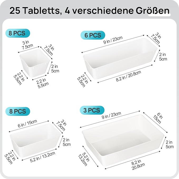 Vtopmart 25 Pack Plastic Drawer Organizers with Non-slip Rubber Pads | 4-Size Versatile Makeup Organizer, Storage Containers Small Bins for Makeup, Jewelries, Bedroom, Kitchen Utensils and Office - Image 2