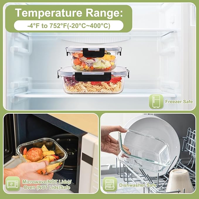 Liuruiyu 8 Pack Glass Food Storage Containers with Lids, Meal Prep Containers, Airtight Bento Boxes with Leak Proof Locking for Microwave, Oven, Freezer and Dishwasher, BPA Free - Image 4