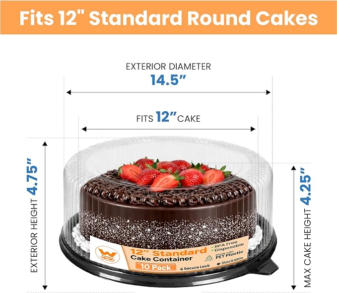 WOW 12in Standard PET Round Cake Carrier, 10-Pack | Fits 12in Cakes, Clear Dome Lid, Stackable, Lightweight, Desserts, Pies, Pastries, 14.5in Diameter - Image 2