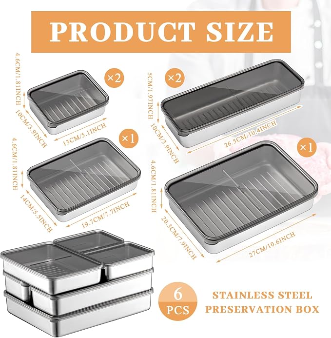 Hushee 6 Pack Bacon Cheese Container for Refrigerator, 304 Stainless Steel Airtight Deli Meat Container, Dishwasher Safe Fridge Storage Fruit Lunch Storage with Lids for Fridge, 4 Sizes - Image 2