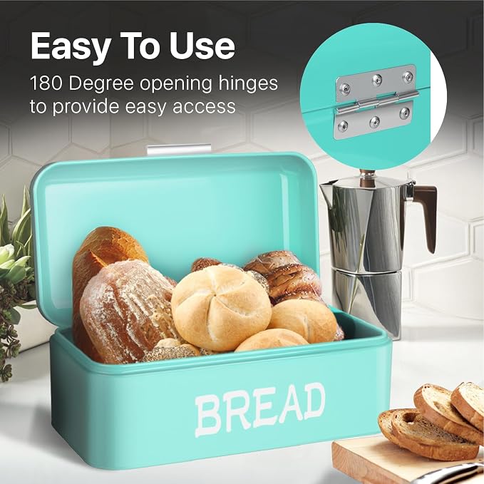 Flexzion Large Vintage Metal Bread Box for Kitchen Countertop, Turquoise | Bread Bin Storage Set Includes a White Butter Dish and Stainless Steel Butter Knife - Image 4