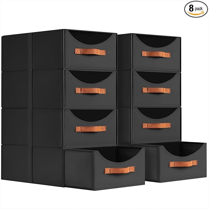 Stackable Storage Drawers - Large Collapsible Storage Bins with Drawers, 8 Pack Closet Shelf Organizer Basket, Fabric Pull Out Organizer for Bedroom, Living Room, Dorm, Black by Homsorout
