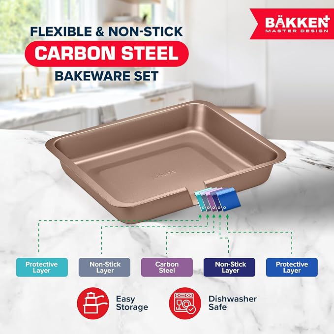 BAKKEN 10-Piece Kitchen Baking Pan Set - Commercial Grade Carbon Steel Bakeware, With Nonstick Coating, Stackable and Space-saving Design, PFOA, PFOS, PTFE Free, Oven Safe Tray (Up To 450°F), Brown - Image 3