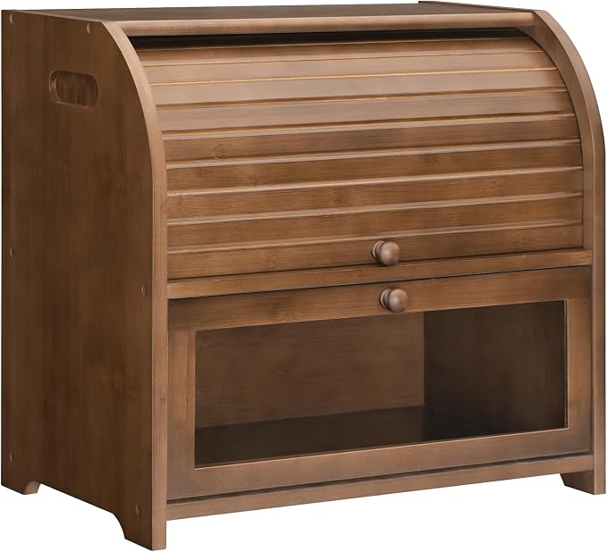 HOOBRO Bread Box, Bamboo Bread Box for Kitchen Countertop, 2 Tier Roll-Top Bread Bin, Food Storage Box, Large Capacity Keeper, Wooden Storage Cabinet, for Kitchen, Dining Room, Brown BR13MB01 by HOOBRO