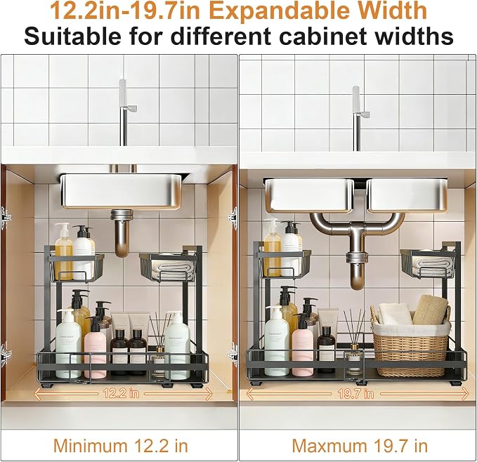 Under Sink Organizer, 1 Pack 2-Tier Expandable Pull Out Storage with Ball-Bearing Slides, Height Adjustable for Kitchen Bathroom Cabinet, Black - Image 2