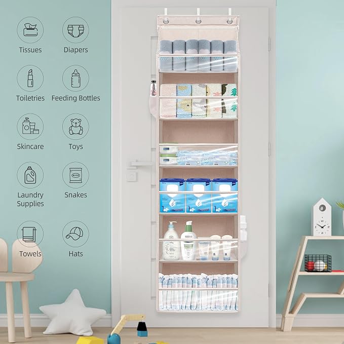 Over Door Organizer with 6 Extra Large Pockets and 12 Side Pockets, Large Capacity Hanging Storage Organizer with Clear Window for Shoes, Diapers, Beige, 6 Layers, 1-Pack - Image 6