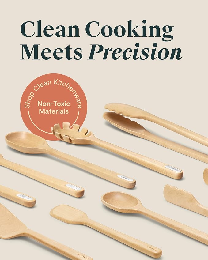 Caraway 9-Piece Wooden Kitchen Utensils Set for Cooking | Serving, and Plating, Full-Size and Mini Spoons, Scrapers, Spatulas, Tongs and Server, Birch Wood - Image 2