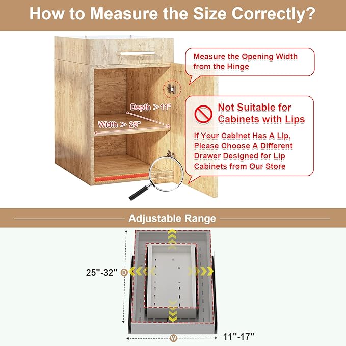 Fokyfok Pull out Cabinet Organizer,11"-17"W,25"-32"D,Expandable,Adhesive | No Drill,3 Rails,Adjustable Slide out Drawers for Kitchen,Pantry,Roll out Shelves,for Cabinets Without Lip,Bathroom,White,1PC - Image 2