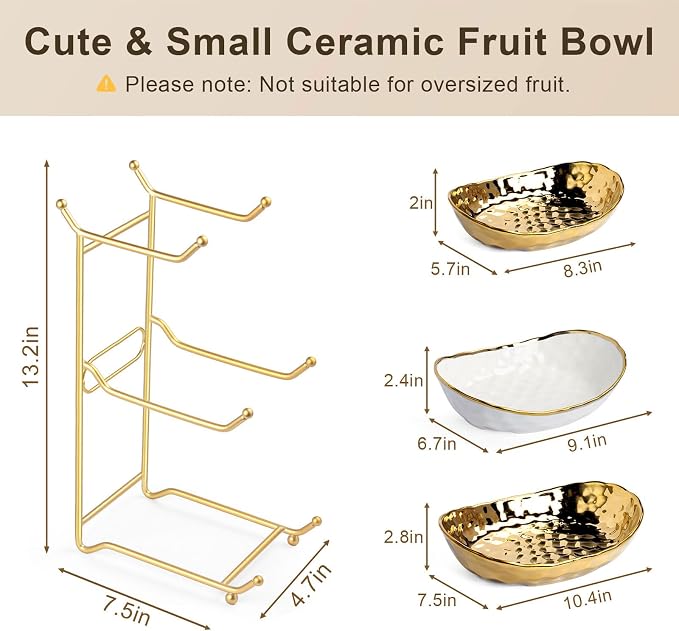 3 Tier Ceramic Fruit Bowl for Kitchen Counter, Tiered Fruit Basket Stand with Gold Metal Rack, Decorative Fruit Holder for Table, No Assembly Serving Bowls for Party Snacks & Housewarming Gift - Image 3