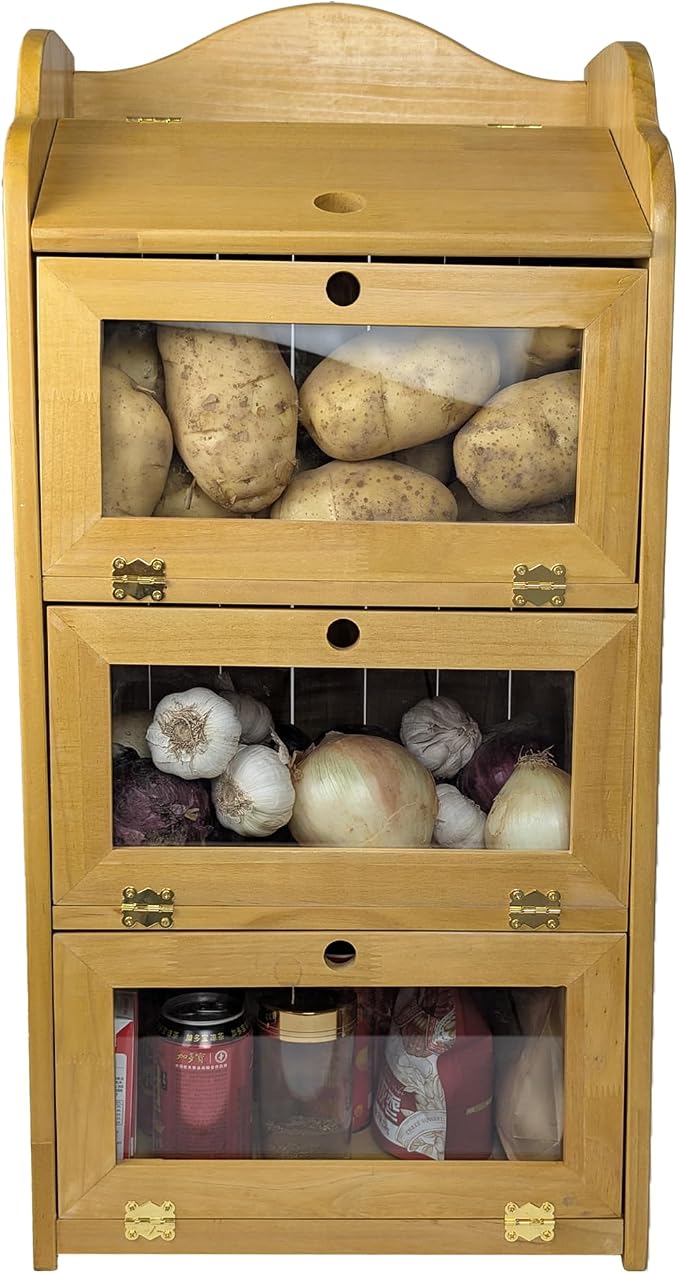 ARTAWEIN Onion and Potato Storage Bin Box Farmhouse Fruit and Vegetable Storage Small Food Kitchen Pantry Cabinet for Snack Large Bread Box for Homemade Bread Black Potato Bins - Image 9