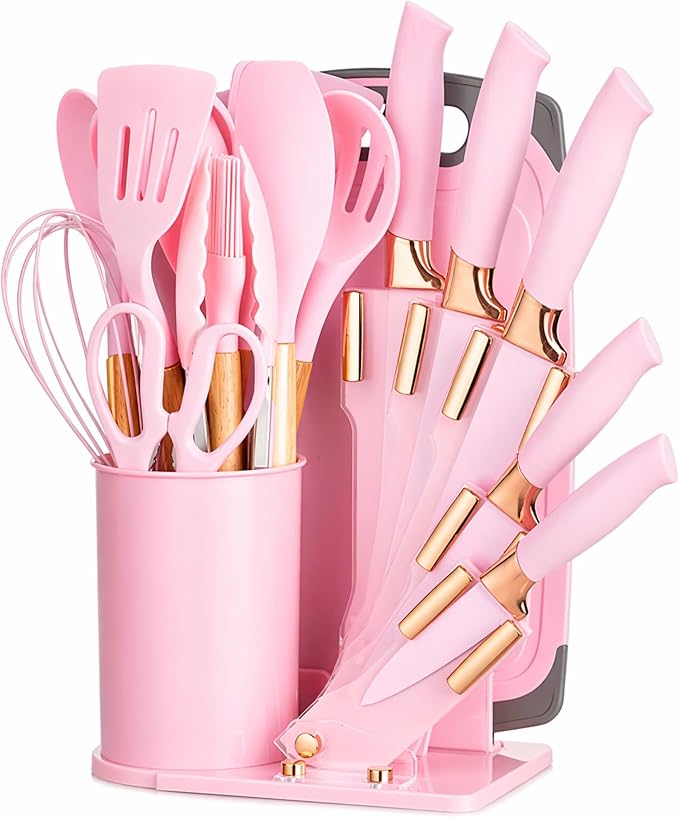 19-Piece Pink Kitchen Utensils Set with Knife Set & Cutting Board - Silicone Cooking Utensils with Wooden Handles, Rose Gold Accents, Scissors, Whisk & Tongs - BPA-Free Pink Kitchen Gift Set by DANFFI