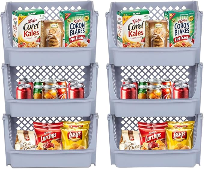 XLarge Stackable Storage Bins Open Front for Pantry, 6 Pack - Light Grey | Sturdy Plastic, Easy Stacking, Open Front Access, Ventilated Sides, Vertical & Space Saving Pantry Organizers and Storage Bin by Skywin