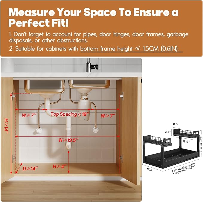 1 Pack-19"-32"W Expandable Under Sink Organizer With Upgrade Ball-Bearing Slide,2-Tier Pull Out Under Cabinet Organizer Height Adjustable,Not Suitable For Cabinets With Partitions In The Middle - Image 2
