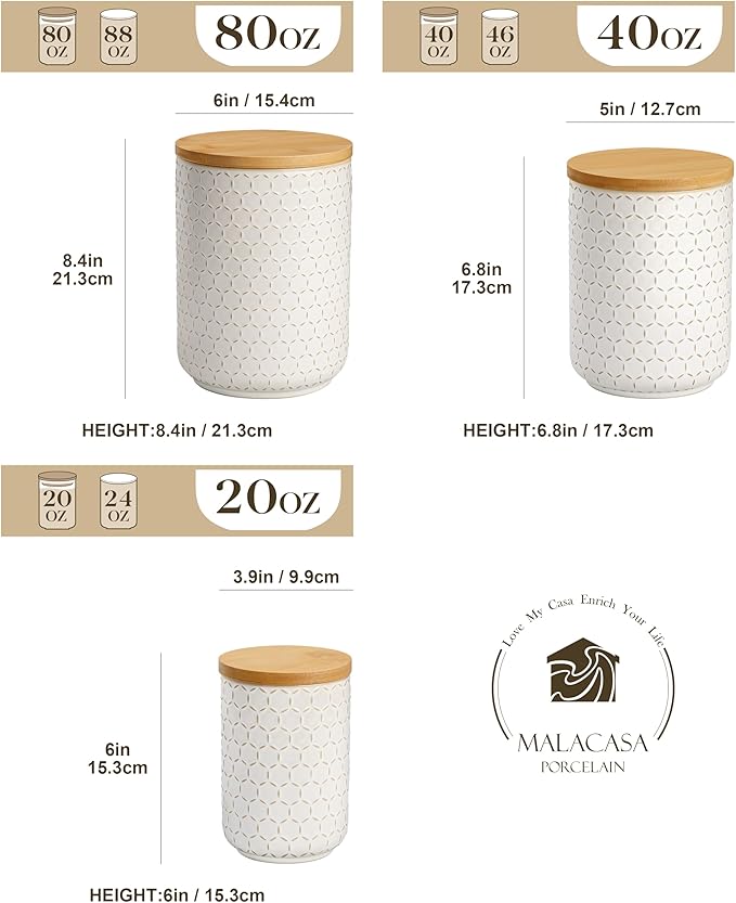 MALACASA LYDIA Ceramic Canisters Set with Airtight Lids, 80/40/20 oz Coffee Canisters Sets for the Kitchen, Large Jars for Flour, Sugar, Pasta, Coffee, Cookies, Tea - Set of 3, Hexagon - Image 3