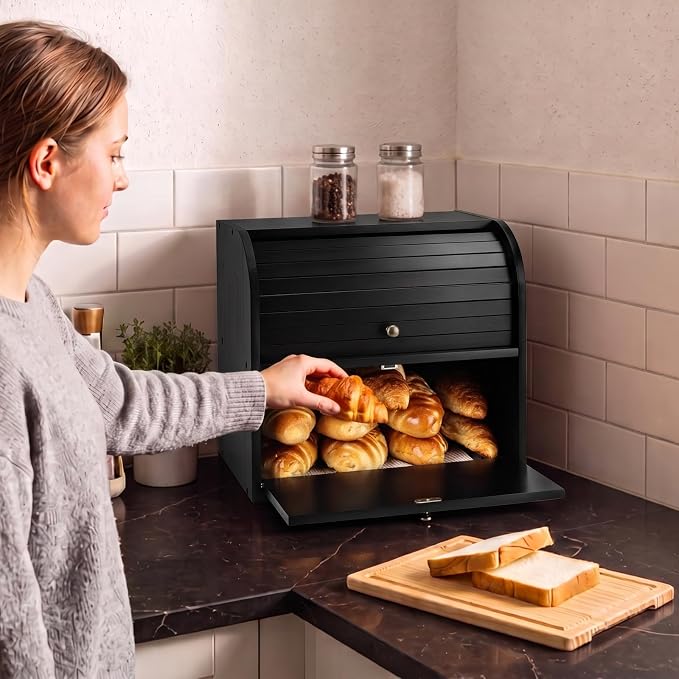 Alpeir Roll Top Bread Box with Cutting Board for Kitchen Countertop, Black | Large Breadbox with Ventilation Holes, Double Layer Pantry Shelf, Wooden Homemade Bread Storage Container, Vintage Farmhouse - Image 2