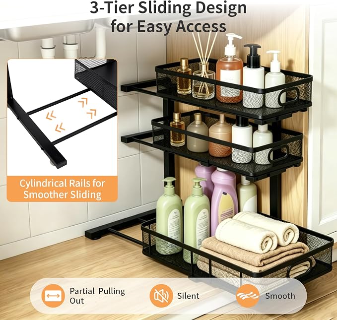 3 Tier Mesh Pull Out Organizer Black 2 Pack Sliding Rack | 2 pack mesh organizers for multi cabinet storage of cleaning tools and household essentials in kitchen and bathroom spaces - Image 7