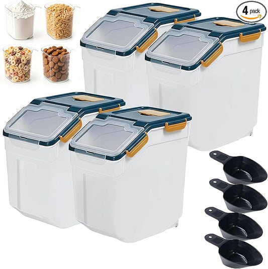 RUIAN Large Airtight Storage Container,25lb Flour Rice Storage Containers Bin with Wheels Seal Locking Lid, with Measuring Cup&Scoop for Flour, Rice, Grain (25lbt Blue,4PCS) by RUIAN