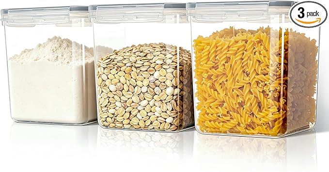 VINATO Set of 3 Airtight Containers 2.5L - BPA Free Food Jars with 24 Labels and 3 Measuring Cups - Clear, Stackable - for Cereal, Flour, Sugar, Coffee by Unknown