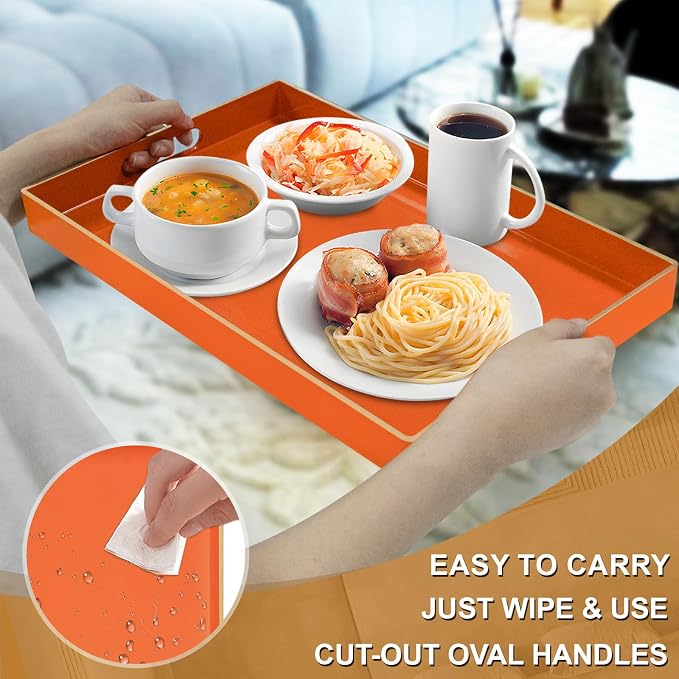 Orange Decorative Tray for Coffee Table, Serving Tray with Handles | Plastic Melamine Tray, Modern Ottoman Tray, Rectangular Countertop Organizer Tray for Living Room, 15.8"L x 10.2"W x 1.4"H - Image 3