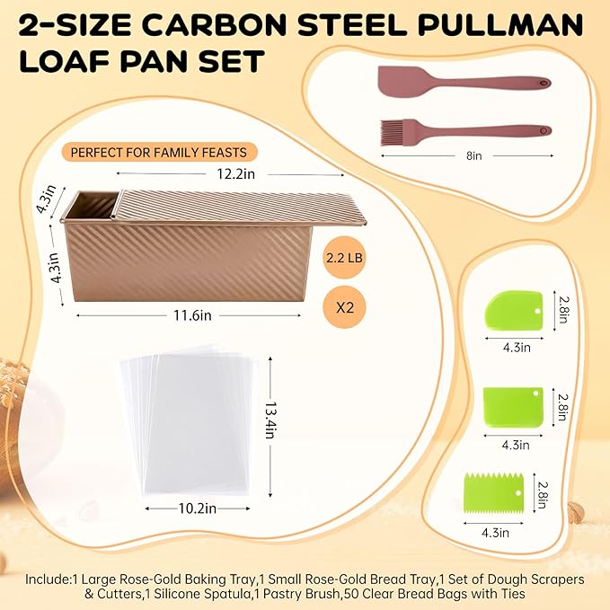 2 Pack Pullman Loaf Pan with Lid - 2.2LB Non-Stick Bread Pan, Carbon Steel Square Toast Mold with Silicone Spatula & Oil Brush, Baking Kit for Homemade Sandwich & Sourdough, Housewarming Gifts - Image 2