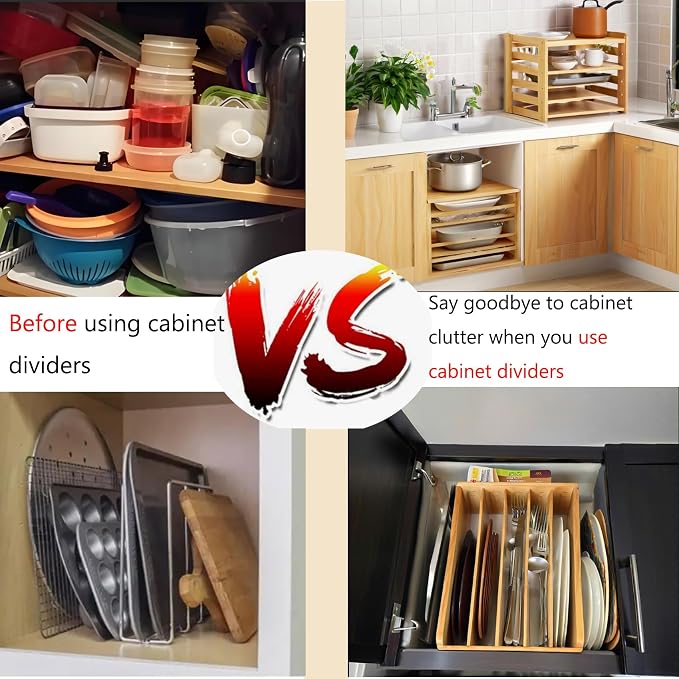 6 Tier Wood Cabinet Vertical Tray Dividers, 16.73in x14.13in x12.4in | Wooden Organizer For Sheets, for Cookie Sheet, Baking Trays, Cutting Board, Pans, for Organizing Cabinets, 5Y Warranty - Image 3