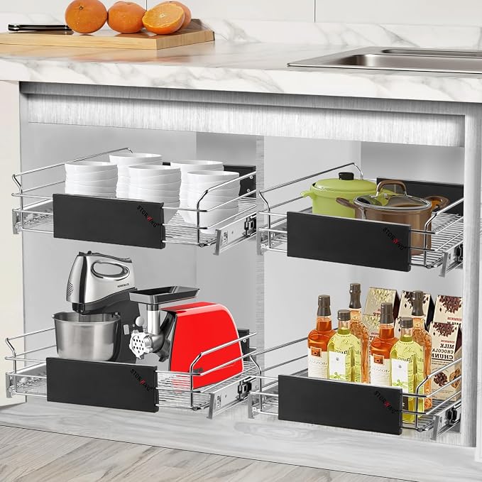 Expandable Pull Out Cabinet Organizer, Slide Out Drawers for Kitchen Cabinets, Heavy Duty Storage Drawers, Chrome Plated Cabinet Wire Shelf, Adjustable Width 12.5~20.2" W x 17.3" D - Image 5