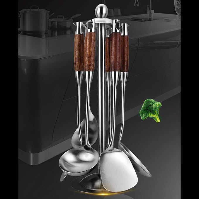 Kitchen Utensils Set,6 PCS with Utensils Holder,304 Stainless Steel | Wooden handle,For kitchen cooking,Includes: wok spatula, soup ladle, slotted spoon, Spaghetti spoon, Utensils Holder - Image 2