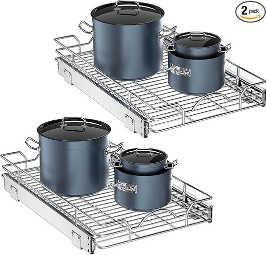 OCG Pull Out Cabinet Organizer 2 Pack (12" W x 21" D), Pull out Shelves 1 Tier, Cabinet Slide Out Shelves for Base Cabinet Organization in Kitchen Bathroom Pantry, Bottom Mount, Chrome Finish by OCG