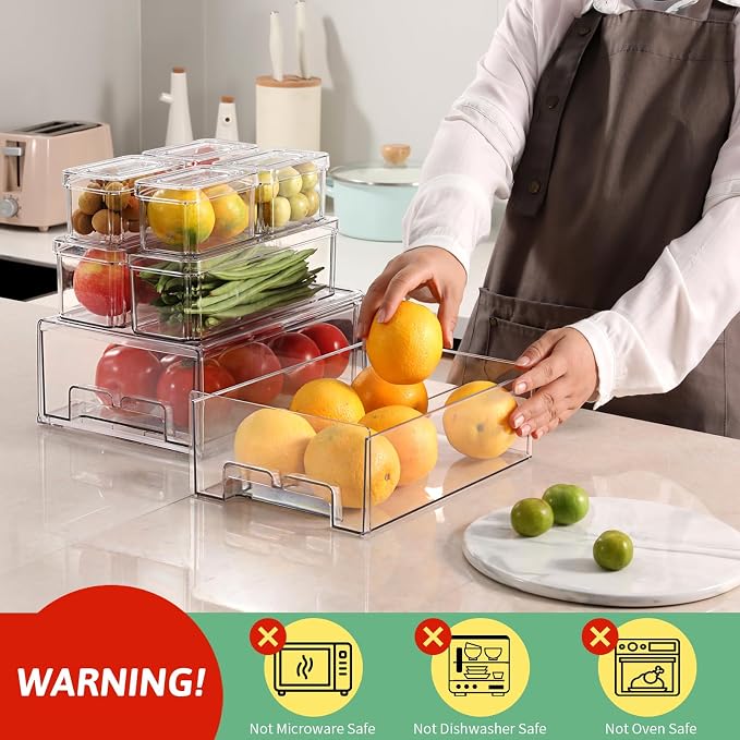 damynuo 14Pack Fridge Organizer Bins, Clear Refrigerator Organizing Containers with Lids and Refrigerator Drawers, Stackable Food, Vegetable and Fruit Containers for Fridge Organizers and Storage - Image 6