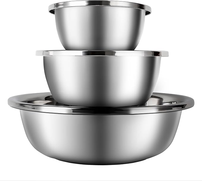 3-Piece Metal Mixing Bowl Set, Stainless Steel, Nesting | 1.3, 3.5 and 7.4 qt sizes with wide rolled rims, flat bases and deep bowls for baking, dough and salad prep by BAOKARU
