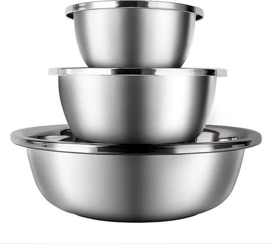 3-Piece Metal Mixing Bowl Set, Stainless Steel, Nesting | 1.3, 3.5 and 7.4 qt sizes with wide rolled rims, flat bases and deep bowls for baking, dough and salad prep by BAOKARU