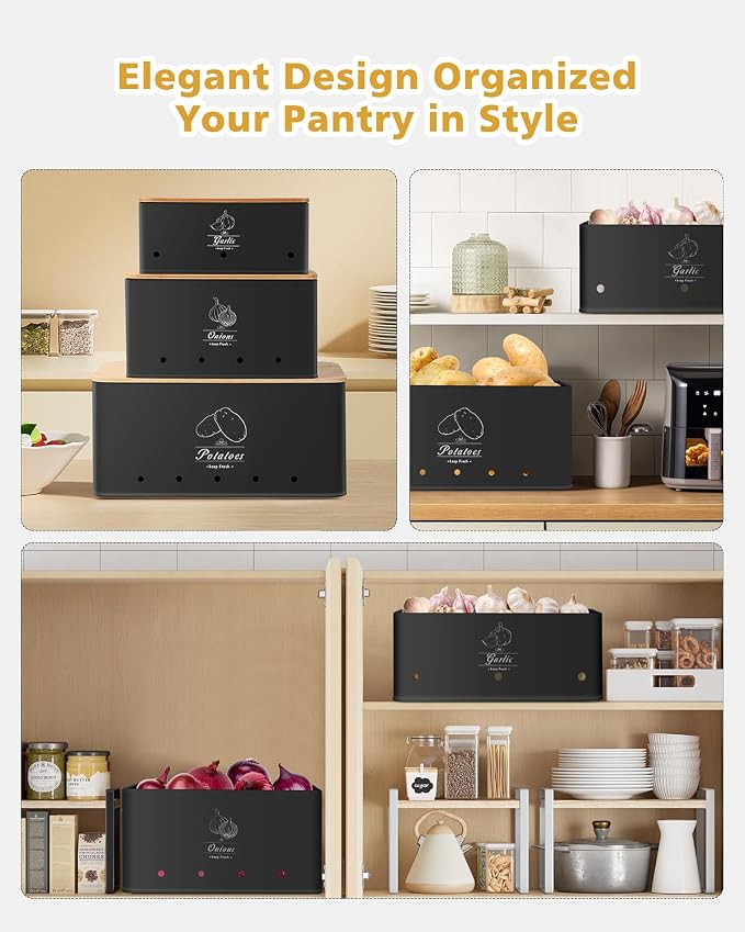 Kitchen Vegetable Storage Set of 3, Sturdy and Durable Storage Basket for Potato, Onion, Garlic, Fruit,Aerating Holes and Wooden Lid (black) - Image 6