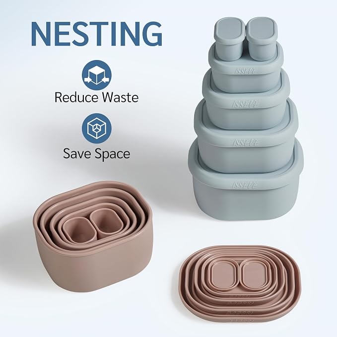 ISSEVE 12Pcs/Set Nesting Silicone Food Storage Containers with Lids | BPA-free, Reusable, Meal Prep Containers, Small Freezer Portions, Dishwasher Cleaning, Nested Cabinet Storage, 5 Sizes, Pink - Image 3