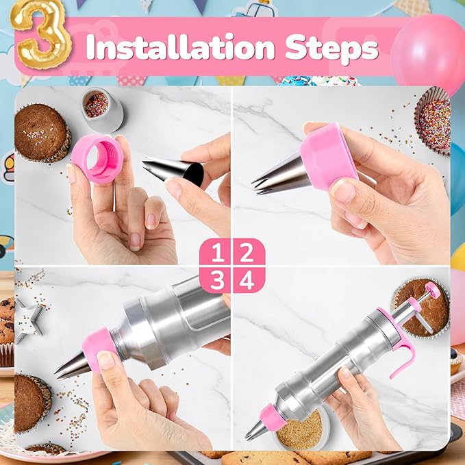 Cake Decorating Tools Supplies Kit: 164pcs Baking Accessories, Dessert Piping Syringe and Icing Tips Set - Puffs Cupcake Frosting Piping Bakery Set for Adults Beginners or Professional, Pink - Image 6