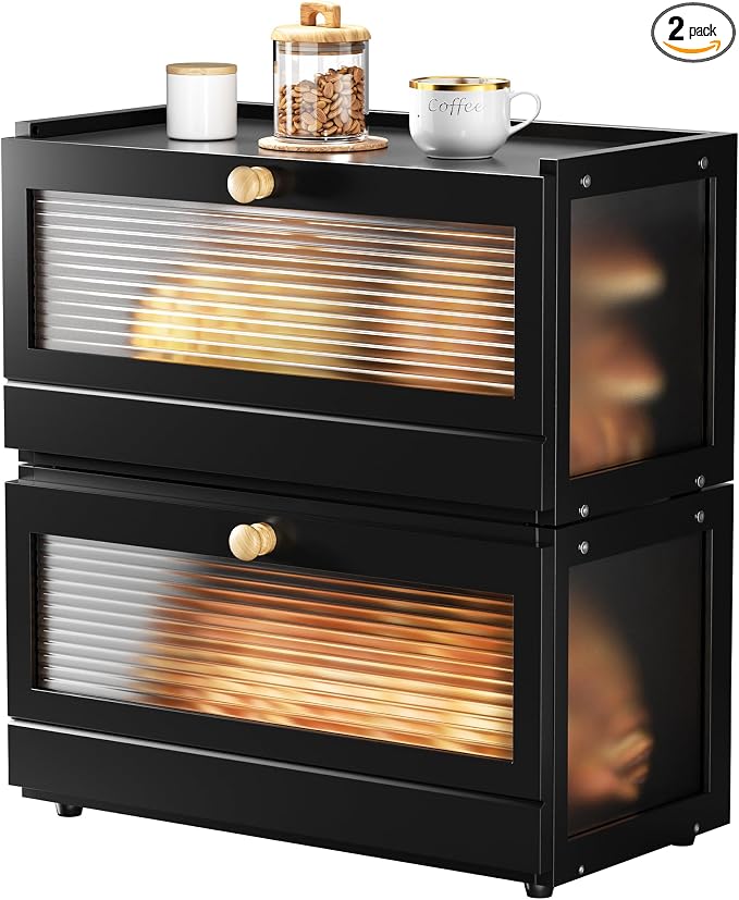 Stackable Bread Box for Kitchen Countertop, 2 Tier Bamboo Bread Storage Container Holder Bin for Baked Goods Snacks Farmhouse Breadbox with Acrylic Window for Pantry Cabinet Cupboard, Black by Unknown