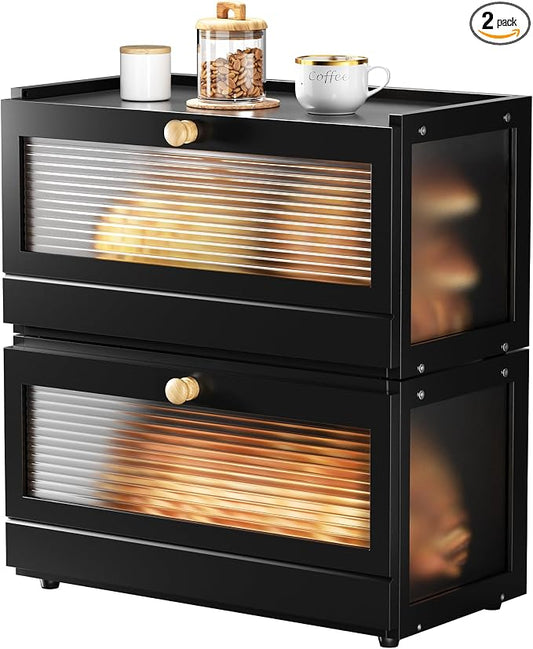 Stackable Bread Box for Kitchen Countertop, 2 Tier Bamboo Bread Storage Container Holder Bin for Baked Goods Snacks Farmhouse Breadbox with Acrylic Window for Pantry Cabinet Cupboard, Black by Unknown
